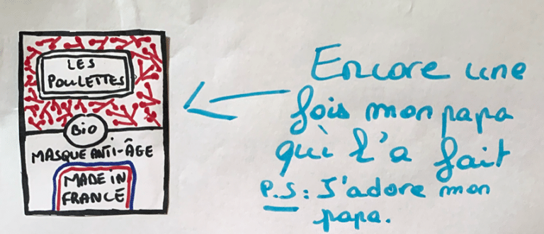 Dessin d'une pochette de masque Les Poulettes Paris fait par la fille d'Alexis