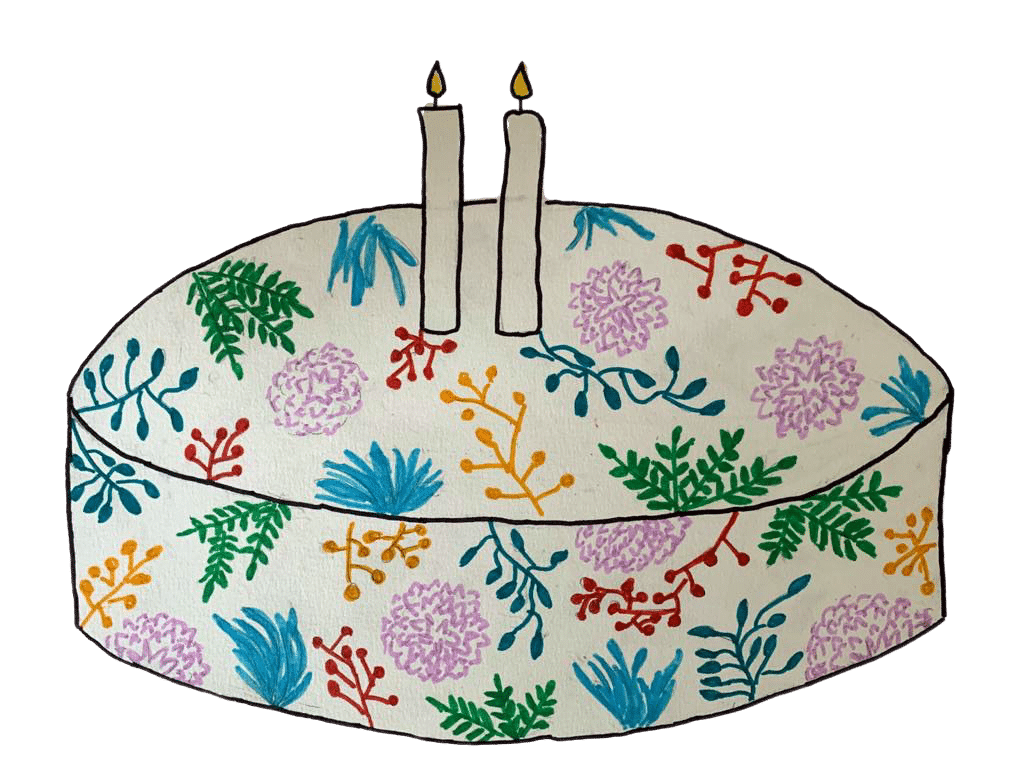 Dessin d'enfant d'un gâteau d'anniversaire avec deux bougies